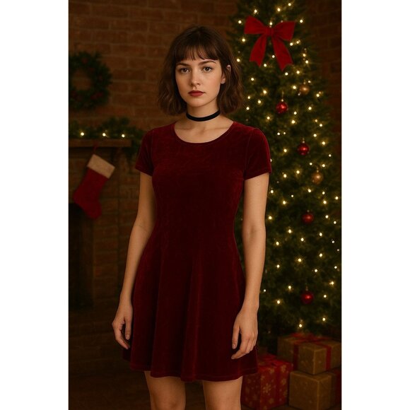 90s Possessed Red Velvet Floral Textured Short Sleeve A Line Dress Size M Grunge - Picture 1 of 7